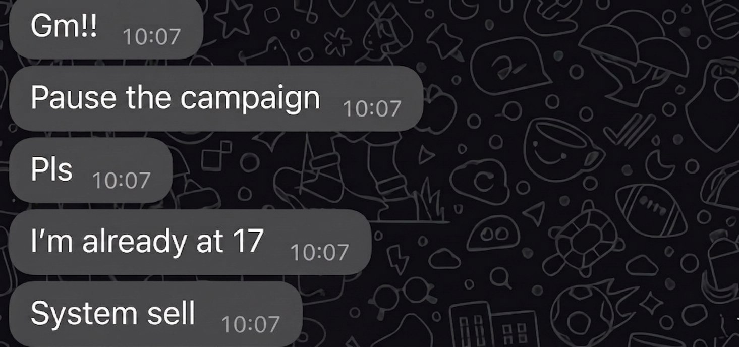 Cliente real pedindo para pausar a campanha, 17 vendas antes do almoço